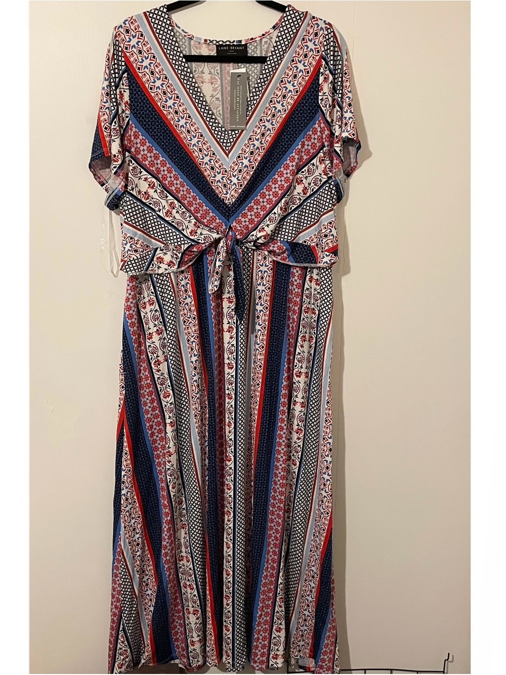 Lane Bryant Blue Red White Patterned Midi Maxi Dress V Neck Knot New Size 22 24 - Picture 2 of 4